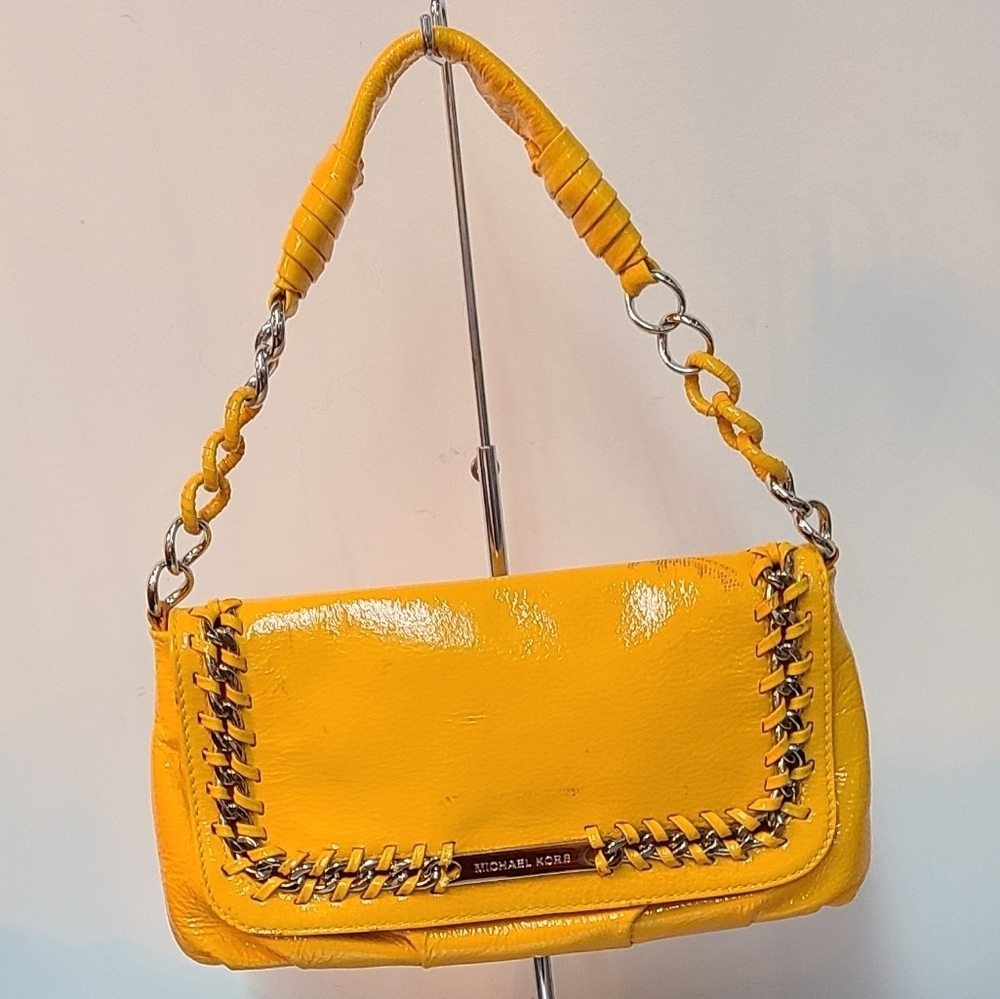 Michael Kors Yellow Leather Chain Link Flap Baguette Bag